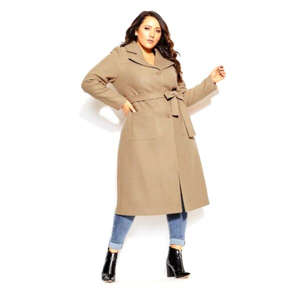 NEW City Chic Womens Plus Size 24 Royal Life Wool Blend Trench Coat Long Tan - Picture 1 of 16